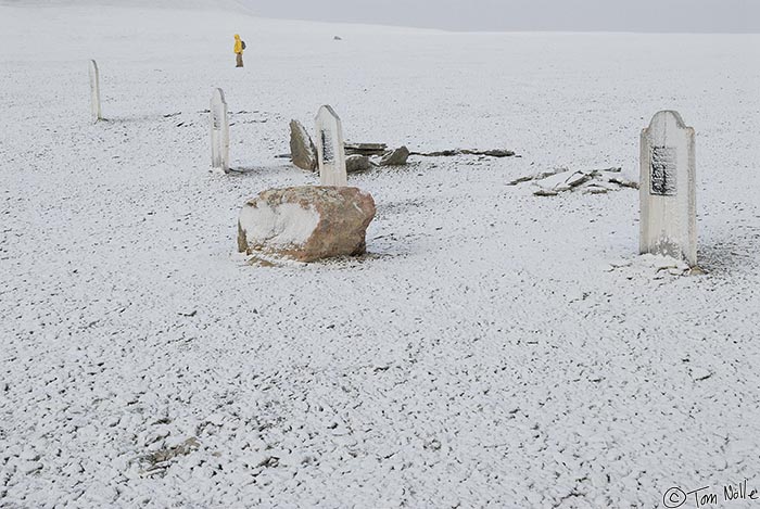 ArcticQ_20080827_092616_630_20.jpg - Three of these four headstones are for sailors of the Franklin expedition and one for a man who died on the rescue expedition launched in 1850.  Beechy Island, Nunavut, Canada.