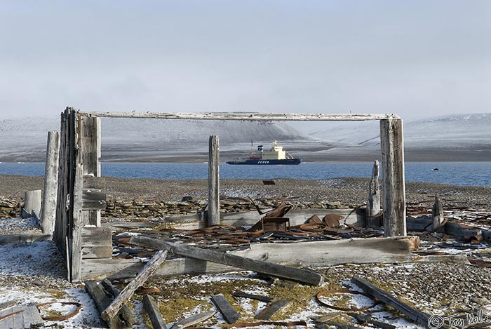 ArcticQ_20080827_110358_670_20.jpg - Our ship stands off the Franklin site, the most historic of all sites in the Canadian Arctic.  Beechy Island, Nunavut, Canada.