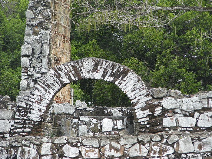 CostaRica_20100316_111654_036_S.jpg - An old arch from the fort stands against a ruined wall and some dense forest.  Old city area, Panama City, Panama.