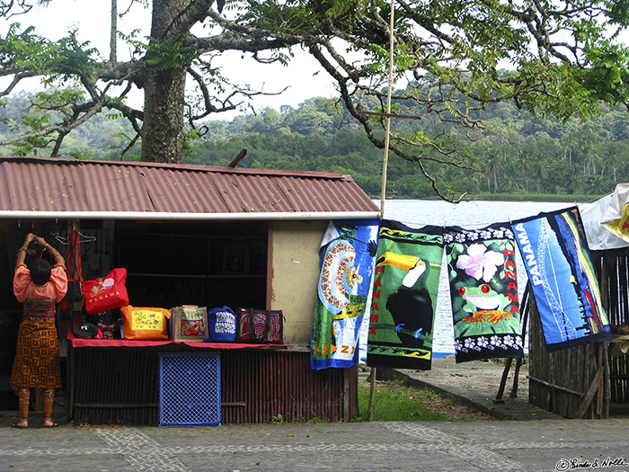 CostaRica_20100317_100314_047_S.jpg - Colorful towels with wildlife and other themes are popular goods here.  Portobelo, Panama.