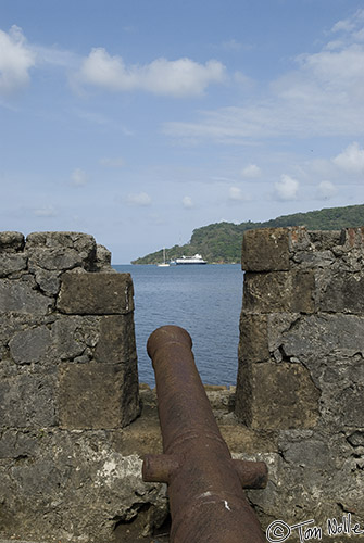 CostaRica_20100317_101836_670_20.jpg - The rusty canon of the old fort at Portobelo are no threat to the Pacific Explorer standing off in the harbor there.  Portobelo, Panama.