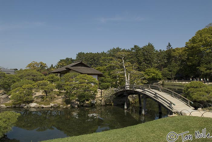 Japan_20080414_210052_604_20.jpg - A wooden bridge arches over a portion of a pond in Korakuen gardens Okayama Japan.