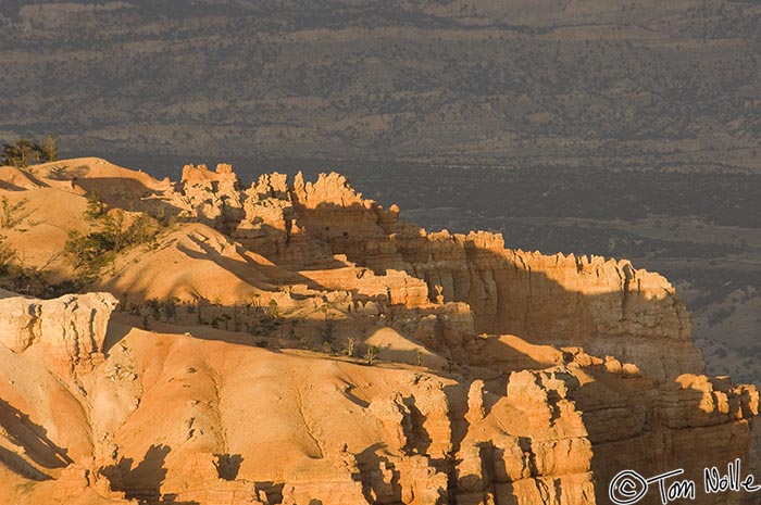 Canyonlands_20080526_221646_163_2X.jpg - The sun barely makes it over the rim to light this canyon formation with an orange glow.  Bryce Canyon Utah.