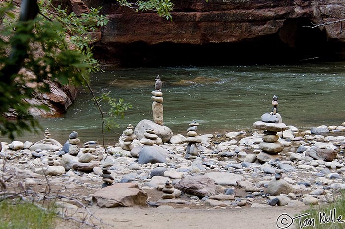 Canyonlands_20080529_115518_294_2X.jpg - Hikers have erected inukshuks here along the bank of the river in Zion National Park, Utah.